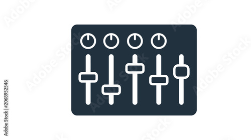 Compact Audio Mixer Icon with Multiple Knobs and Faders for Sound Control, Isolated White Background.