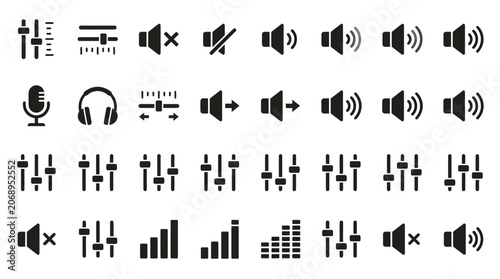Comprehensive Set of Sound, Volume, and Equalizer Control Icons, Isolated White Background.