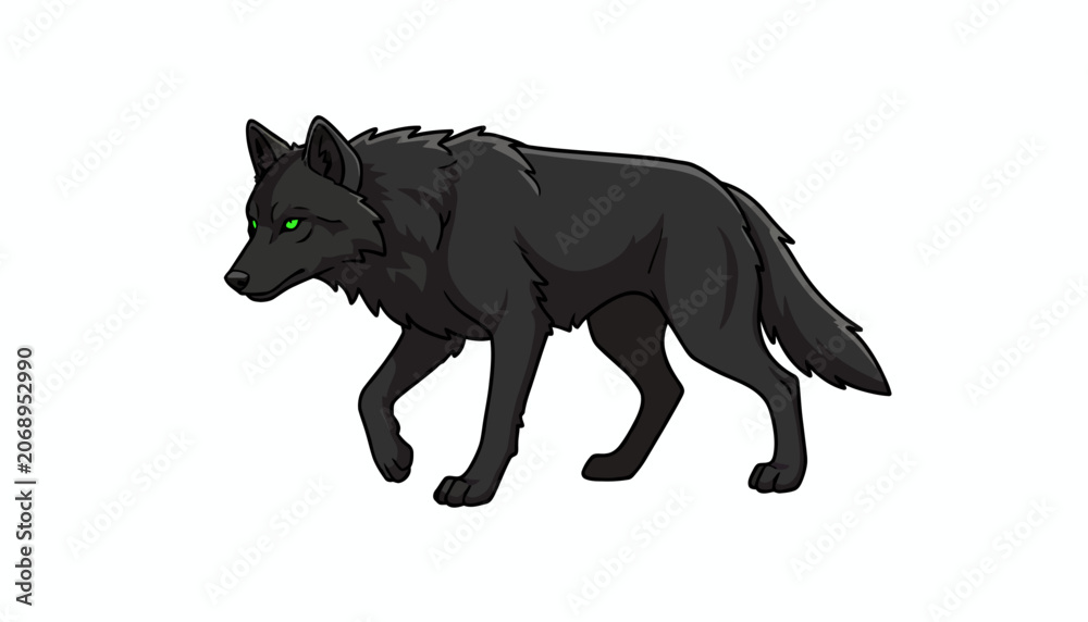 Fototapeta premium Black wolf, cartoon animal, green eyes, walking, vector illustration, dark creature, wildlife symbol