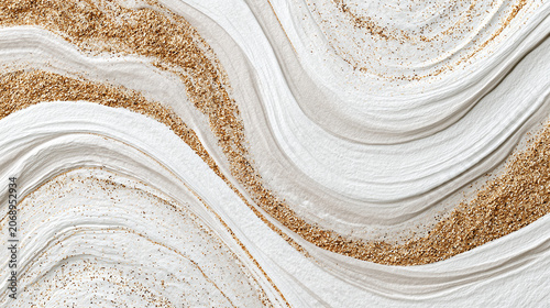 Abstract white textured background with flowing gold glitter marble waves, layered relief surface, and elegant luxury composition for premium design. Generative AI