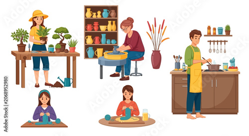 Pottery making, ceramic art, people working, studio scenes, colorful illustrations, craft workshop, vector icons