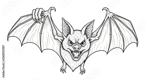 Canvastavla angry bat, flying mammal, black and white illustration, vector animal