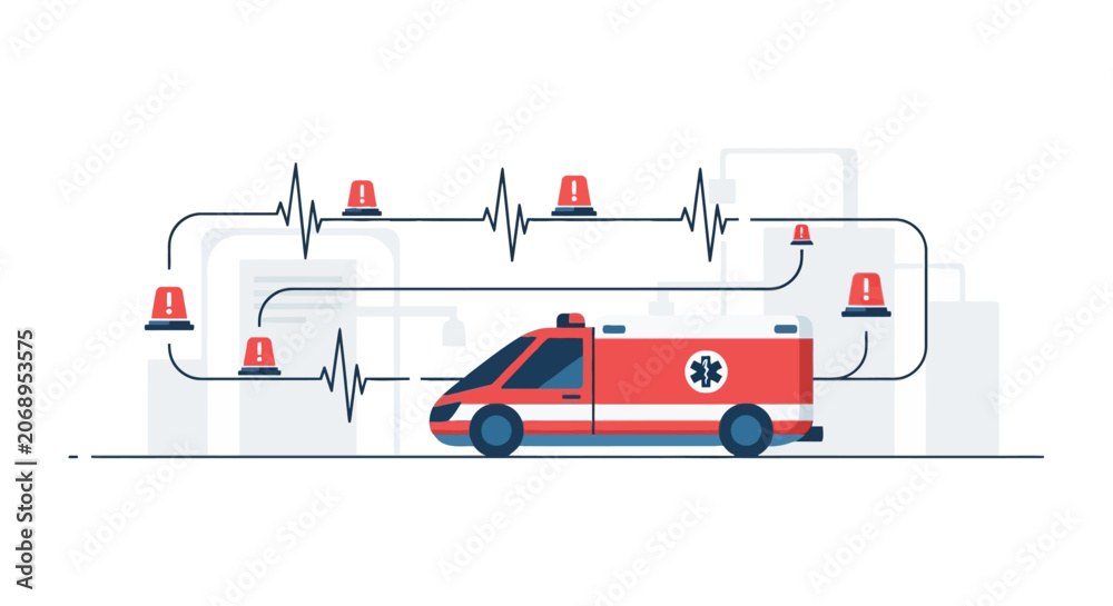Fototapeta premium Ambulance traveling with medical pulse line graphic