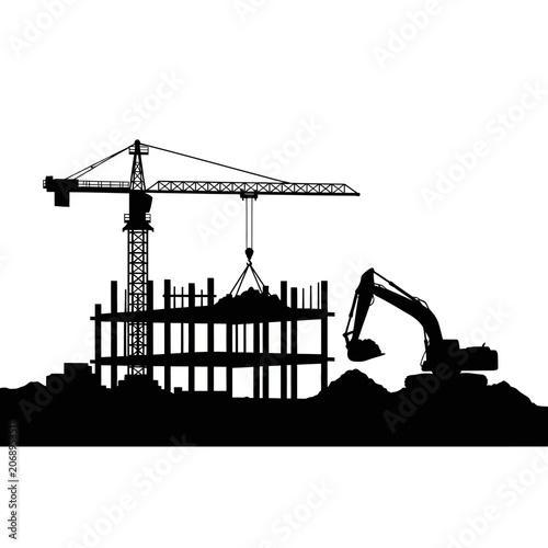 Construction site silhouette with crane and excavator on white background