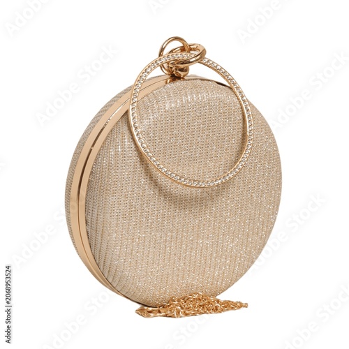 фотографія Generic unbranded Gold shimmer round evening clutch bag with rhinestone circle handle and gold chain isolated on white background