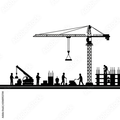 Construction Site Silhouette: Crane, Workers, and Building Elements