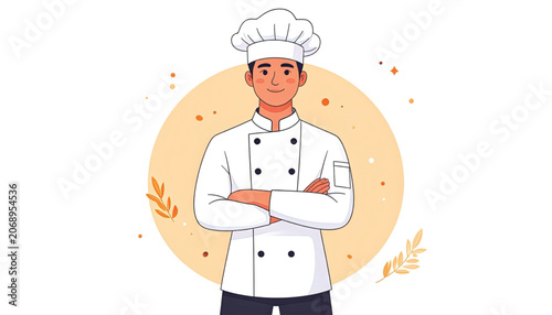 Smiling chef in white uniform standing.