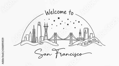 San Francisco Skyline Illustration, Welcome Message with Stars
