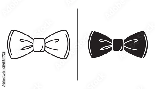 Bow Tie Icons: Two distinct bow tie illustrations, one outlined in black and white and the other a solid black silhouette, symbolizing formal wear and classic style.