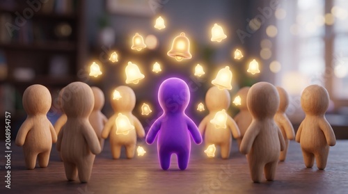 Wooden figurines encircle glowing purple figure with star-like lights, symbolizing individuality, leadership, and uniqueness through radiant energy and magical distinction in communal setting.