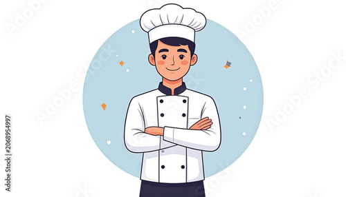 Smiling Chef in White Uniform Standing.