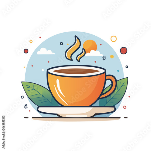Flat illustration of a steaming coffee cup with leaves