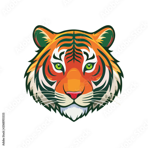 Flat illustration of a tiger head with green and orange colors