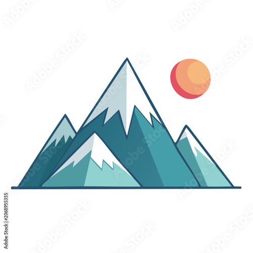 Flat vector illustration of mountain range with sun