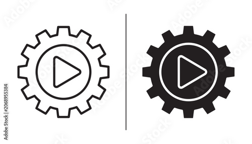Fotografie Gear Play Button Icons: A comparison of two play button icons integrated within a gear symbol, one outlined and the other filled, representing media playback and mechanical processes