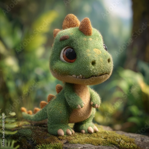 Cute Baby Dinosaur Character in Forest Environment. Cute fantasy creature with big eyes, textured skin and friendly expression.