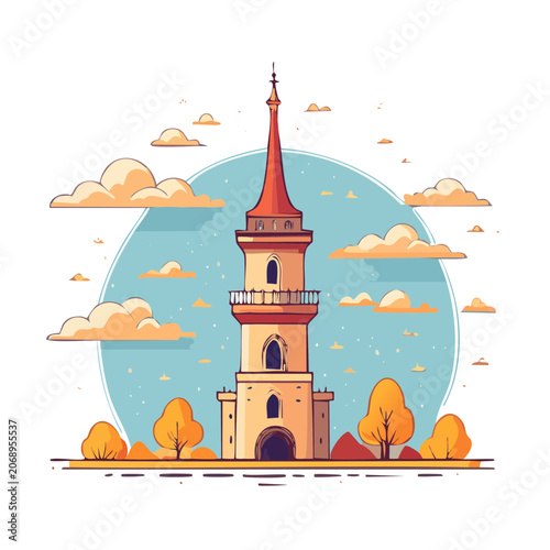 Medieval Tower with Autumn Trees and Sky Illustration