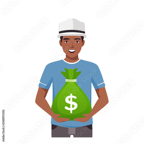 Smiling man holding green money bag with dollar sign