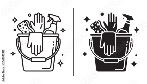 Canvastavla Cleaning Supplies Icon Set: A collection of essential cleaning tools including gloves, spray bottle, sponge and bucket, presented in both outline and silhouette styles for versatile graphic use