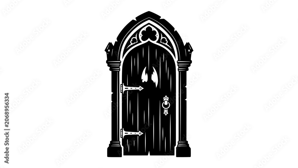Fototapeta premium Gothic Doorway Mystery: An old, weathered gothic wooden door, with ornate iron hinges and a decorative knocker, stands as an inviting yet mysterious portal.