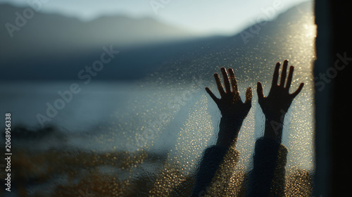 Silhouette of hands pressed against a wet glass window looking out at a mountain lake during golden hour.