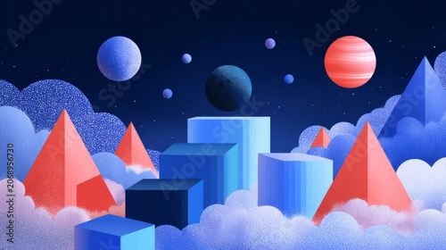 Dreamlike space scene with floating planets, geometric structures, pastel clouds and futuristic landscape. Creative cosmic illustration, celestial objects, fantasy environment, modern digital design.