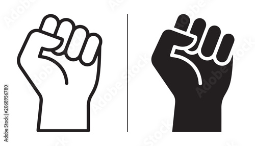 Fist of Solidarity: Two stylized fists, one in outline and one solid black, symbolize unity, power, and protest, representing solidarity and strength in the face of adversity.