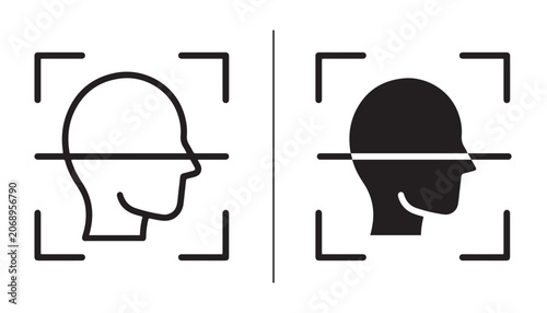 Facial Recognition Technology: Two stylized icons depict a human head profile within a scanning frame, representing facial recognition and biometric identification systems.