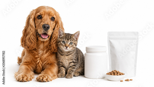 Cocker spaniel and tabby cat with pet food packaging for pet shop vet clinic and grooming concept