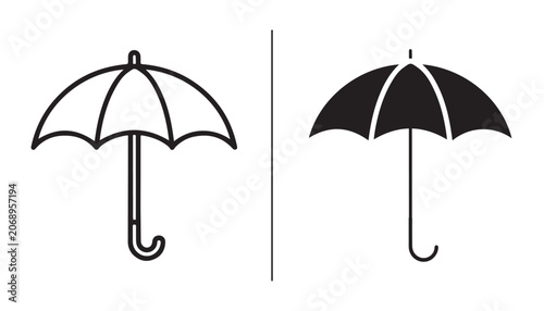 Obraz na płótnie Umbrella Icon Comparison: Two distinct umbrella icons, one outlined in black and the other filled in black, presented side-by-side on a white background for clear comparison