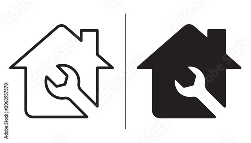 Home Repair Icon Set: A minimalist set of icons representing home repair services, featuring a house outline with a wrench integrated, in both line art and solid silhouette styles.