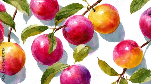Watercolor pattern fresh red peaches and green leaves on a white background. Vibrant fruit illustration with a natural, artistic style perfect for textiles, wrapping paper, packaging, kitchen decor.