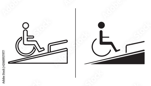 Canvastavla Wheelchair Ramp Icons: Two stylized icons depicting a person in a wheelchair ascending and descending a ramp, representing accessibility and universal design