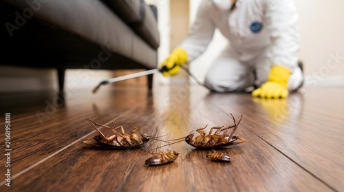 Pest control professional spraying insecticide on dead cockroaches on a wooden floor in a house