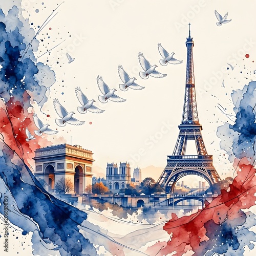 Paris landmarks watercolor painting with Eiffel Tower and flying birds