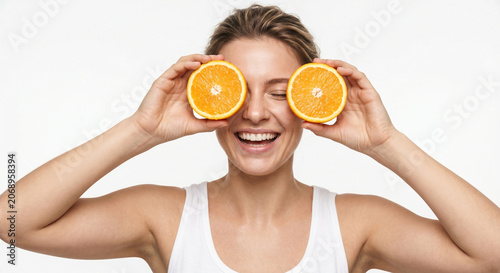 Happy Woman Holding Orange Halves Near Face on White Background – Healthy Lifestyle and Fresh Fruit Nutrition Concept