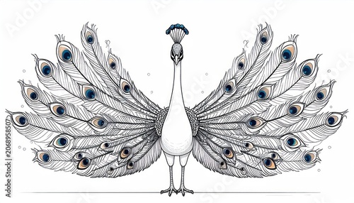Elegant white peacock illustration with fanned tail feathers detailed eye-spots and intricate line art on a clean background.