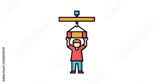 Cartoon person lifting heavy box weight.