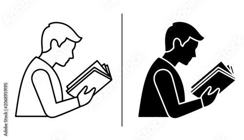 Fotografi Reading icons: Two simplified figures, one outlined and one in silhouette, engro