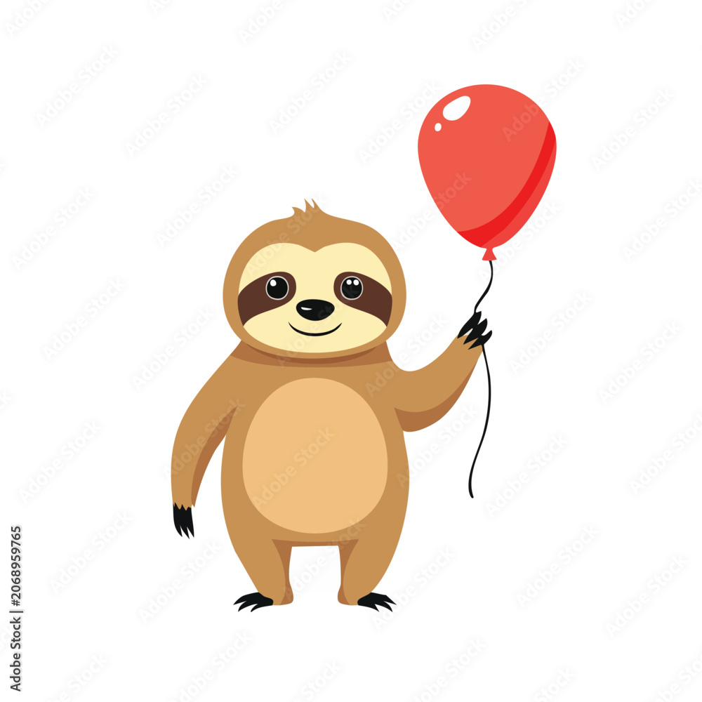 Obraz premium Cute cartoon sloth holding red balloon