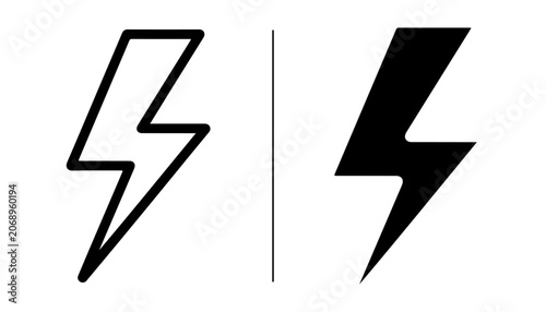 Fotografie Lightning Bolt Icons: A minimalist graphic featuring two lightning bolt symbols, one outlined in white and the other solid black, separated by a thin grey line