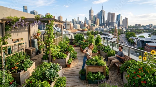 High ceiling skyscraper penthouse rooftop urban farm garden with sustainable greenhouse layout