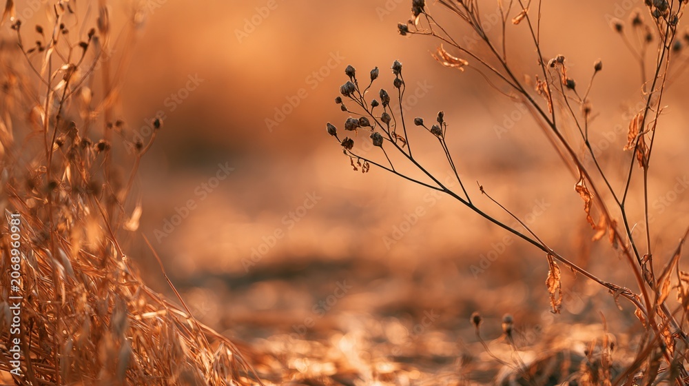 Fototapeta premium Detailed Macro Shot of Scorched Vegetation in Golden Hour Glow