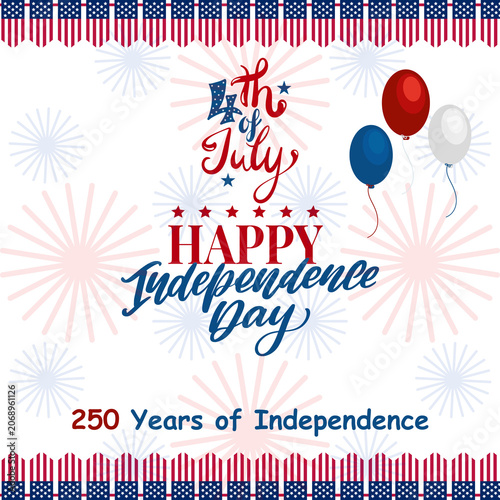 Happy 4th of July Fireworks Celebration, USA Independence Day 250 Years Anniversary Vector Illustration with Patriotic Decorations, American Freedom Festival Design isolate on Transparent Background