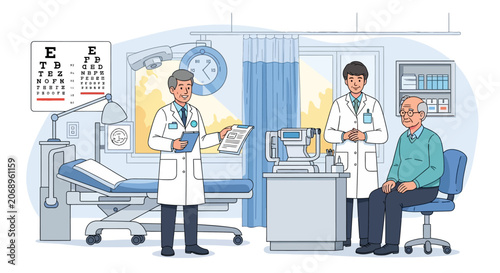Doctor and patient in medical examination room with eye chart.