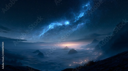Cinematic nature backdrop featuring starry universe sky over misty clouds and soft light wallpaper