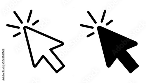Tableau sur toile Cursor Icon Set: A set of two distinct cursor icons, one outlined and one solid black, both displaying the classic arrow pointer with radiating lines indicating a click action