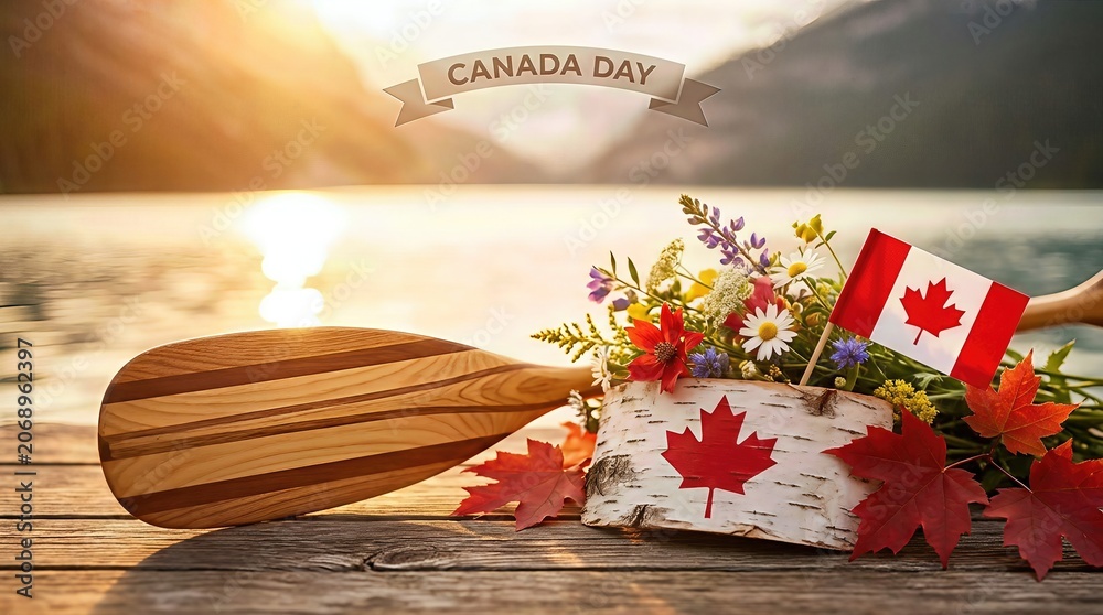 Fototapeta premium Canadian flag, birch wood featuring maple leaf design, colorful wildflowers, and wooden paddle arranged on rustic planking, commemorating Canada Day celebration by shimmering lake water at sunset.