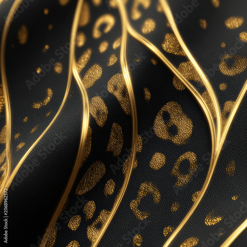Gold leopard spot liquid gold black leather smooth curve abstract pattern luxury texture metallic line Gold leopard spot black leather with liquid gold effect, smooth curve, abstract pattern