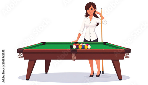 Woman Playing Pool Billiards Game.